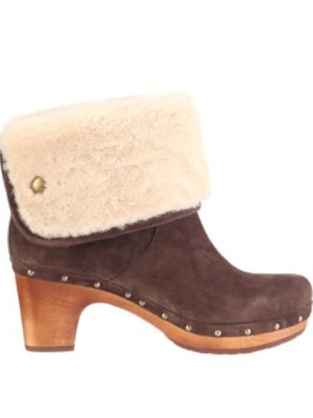UGG Brown Suede Shearling-Cuff Clog Boot with Wood Heel